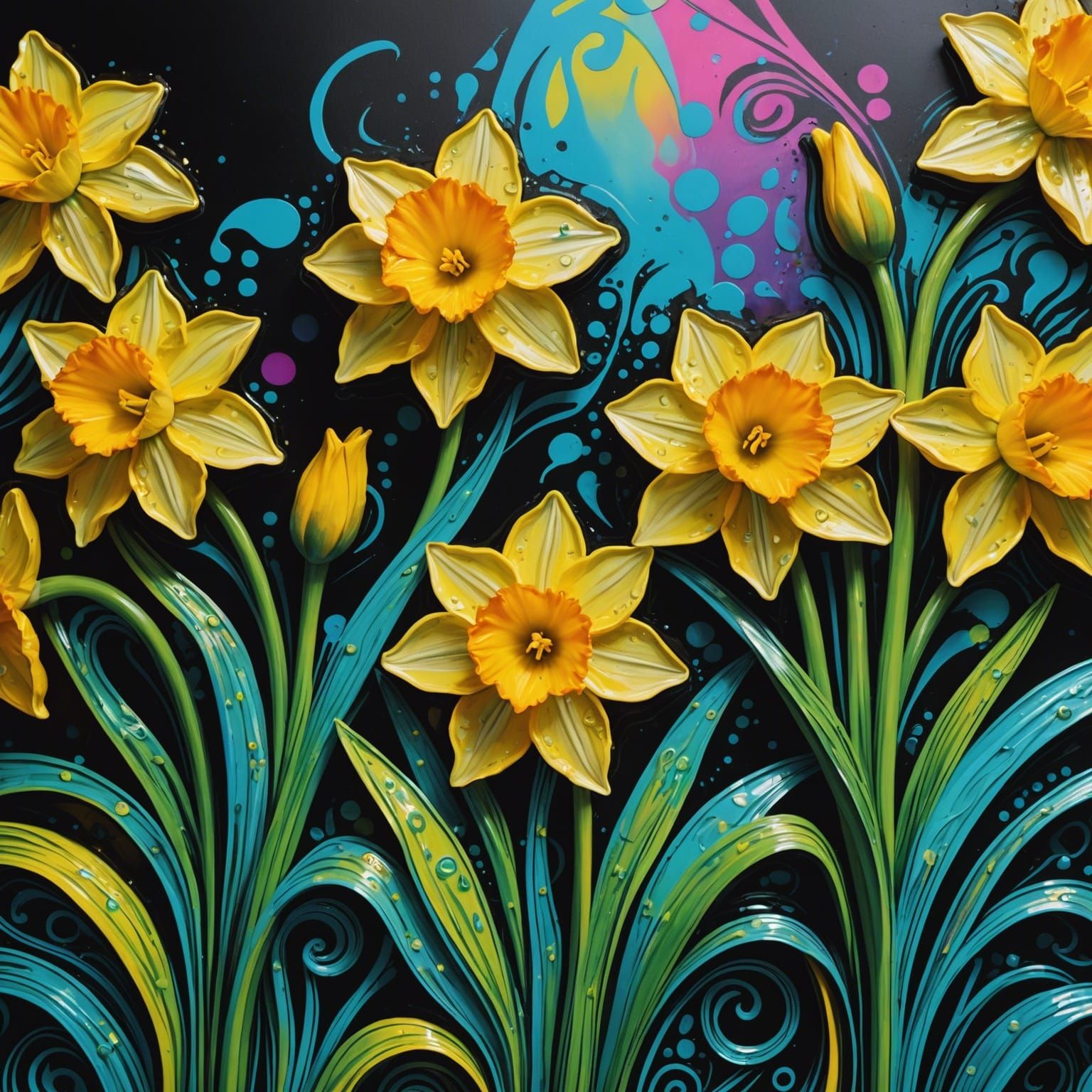 Holographic Filigree Daffodils in Graffiti Art Style