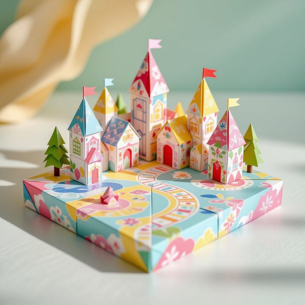 Intricate Origami Candyland Board Game in Illustrative Style