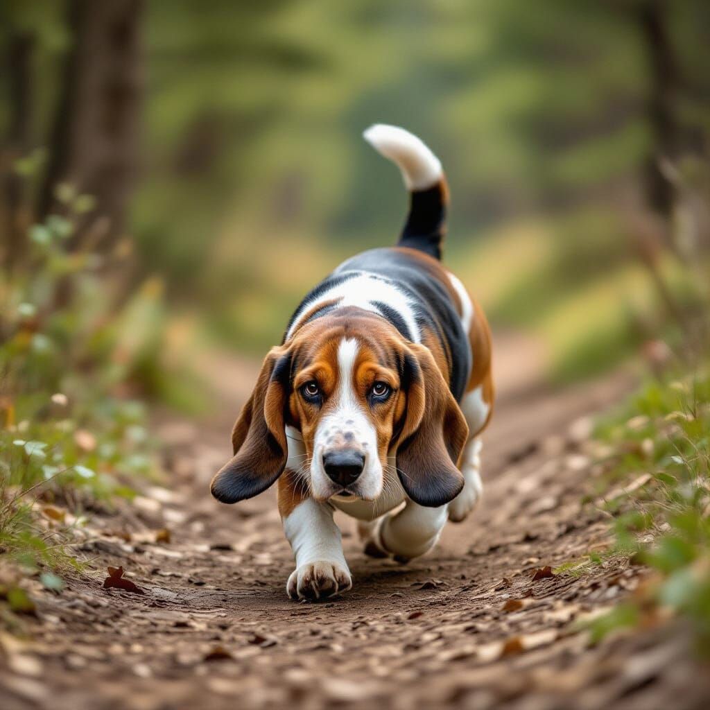 Basset Hound's Determined Forest Trail Pursuit