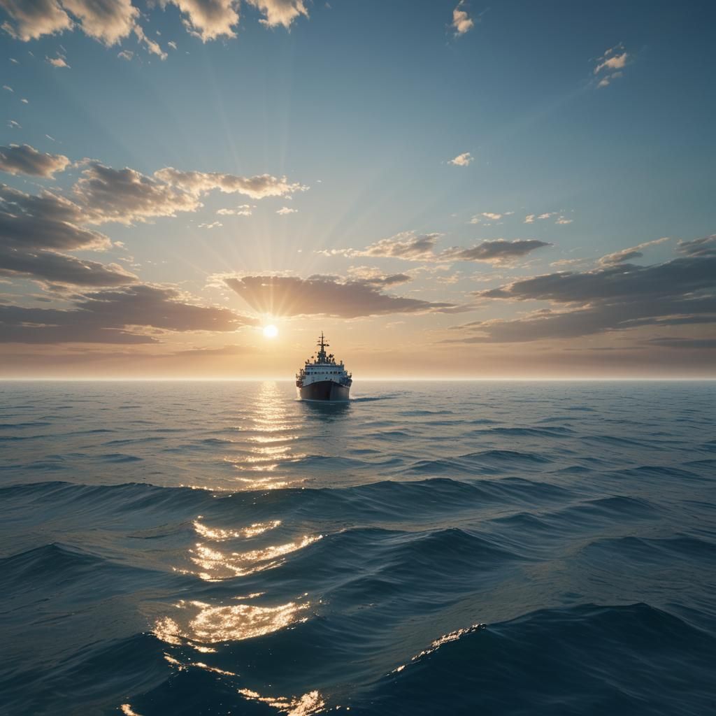 Vibrant Seascape: Lone Ship on Endless Blue Sea