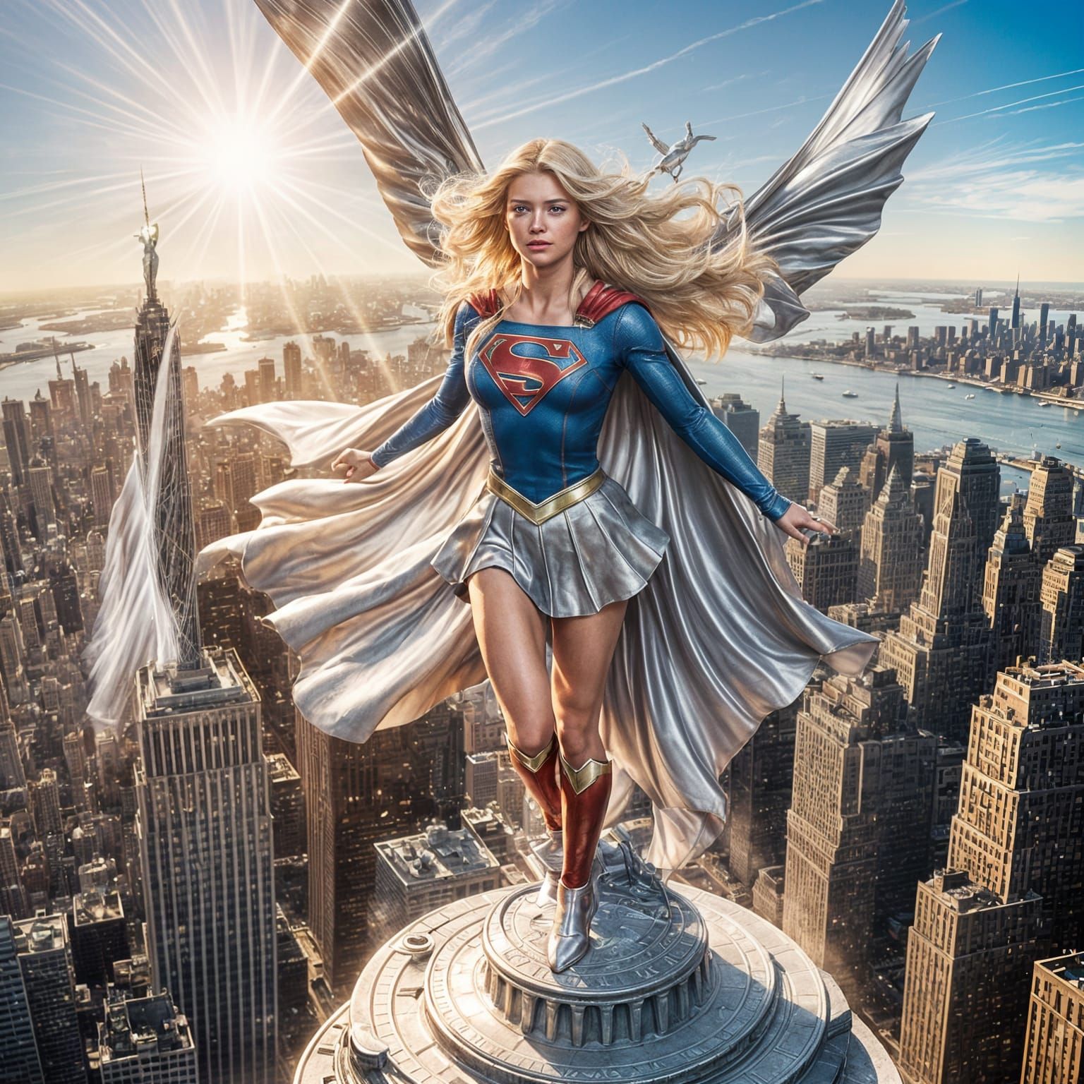 Supergirl in Silver Outfit Flying Over New York