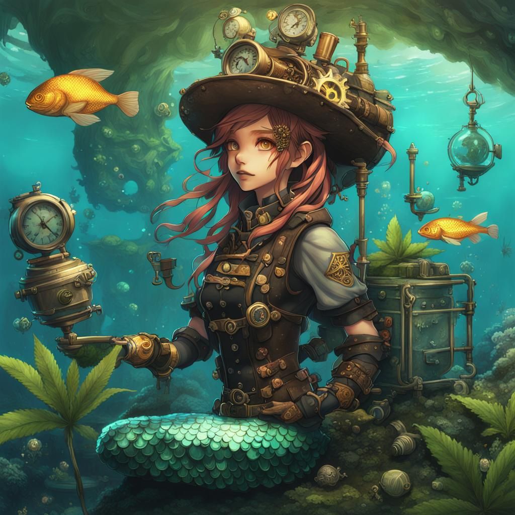 Steampunk Mermaid on Marijuana Island, Anime Art