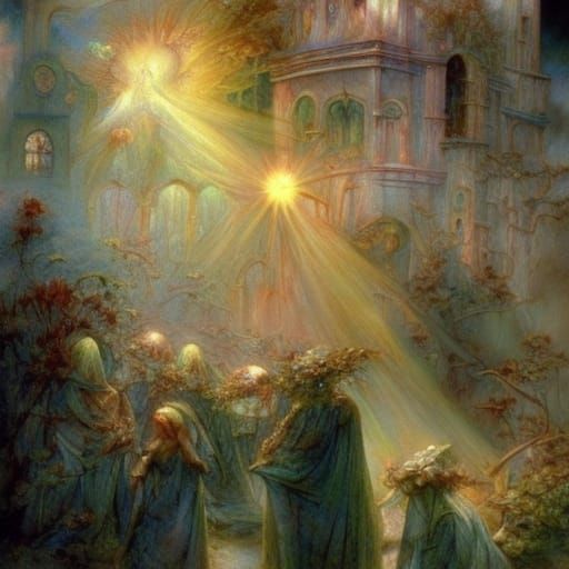 Sunlit Ruins with Roses in Botanical Illustration Style