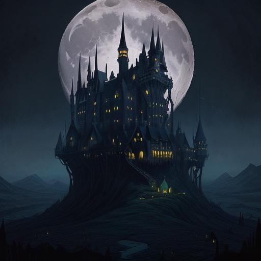 Moon Rises Over a Dark and Spooky Castle in a Dreamlike Atmo...