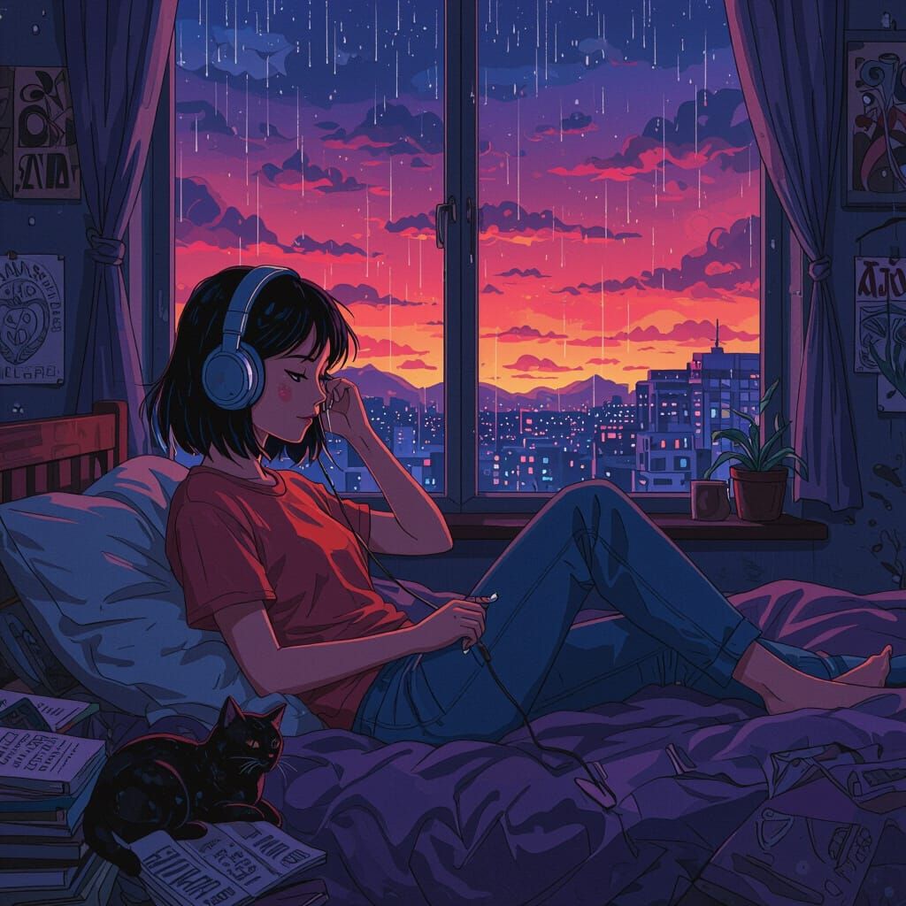 Lofi Girl Relaxing on Bed in Rainy Night, Detailed Matte Pai...