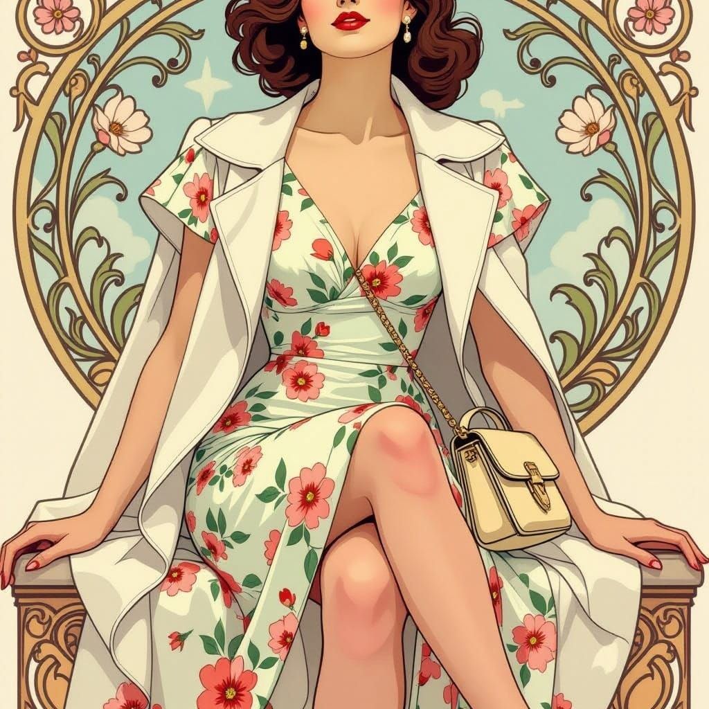 Brunette in Floral Dress, Art Nouveau Pastel Drawing