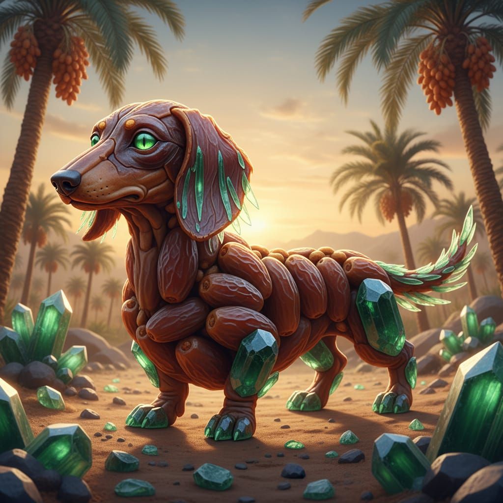 A dachshund merged with a date (fruit) and bottle-green mine...
