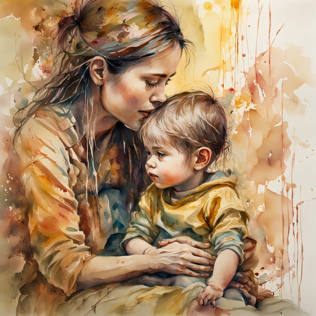 Surreal Mother and Child in Warm Golden Light