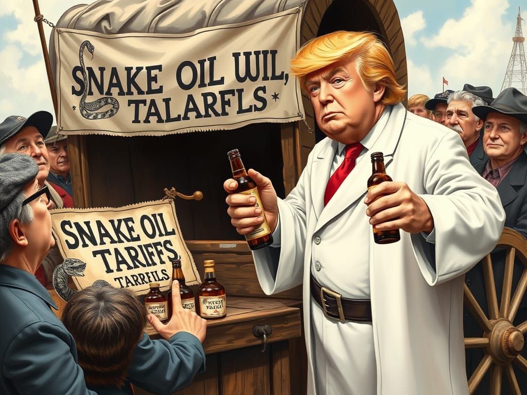 Satirical Scene of Donald Trump Selling Snake Oil in a Vibra...