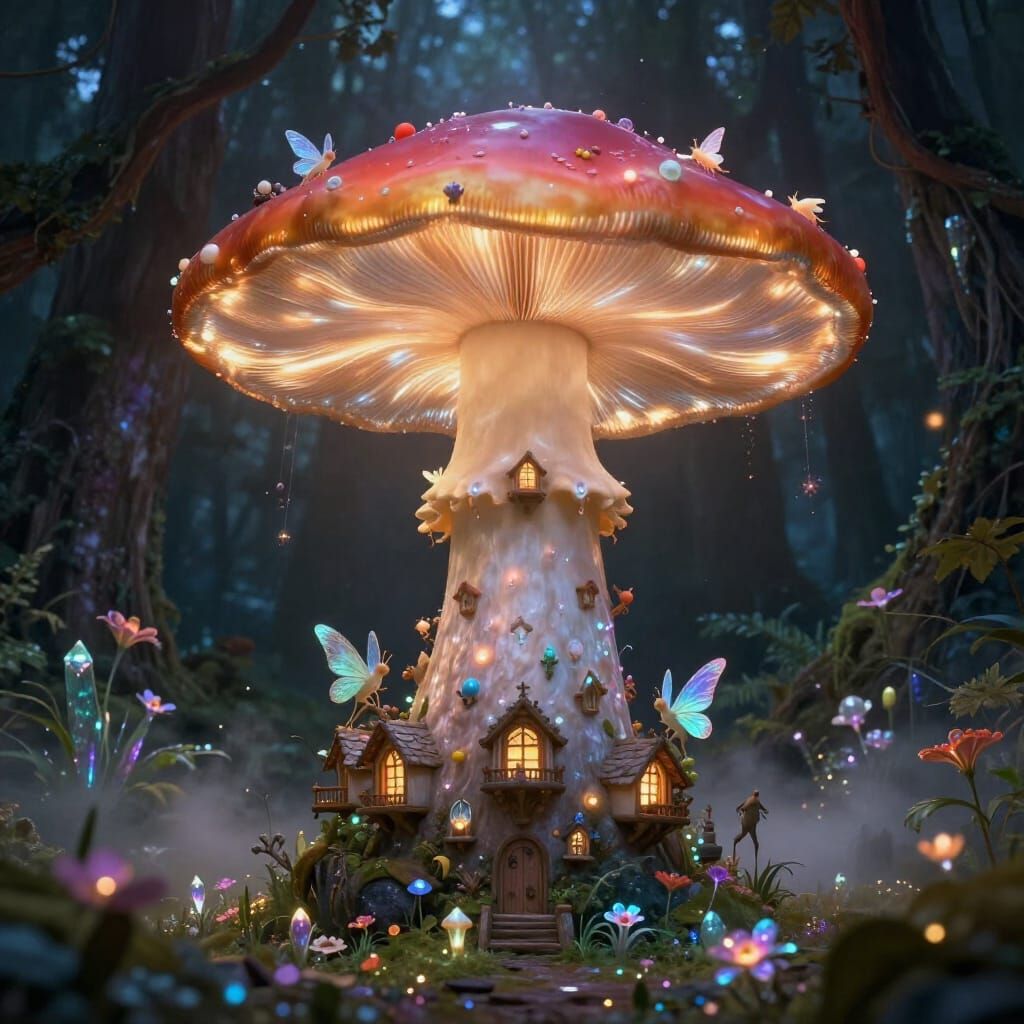 Fairy Mushroom Sanctuary in Dark Fantasy Style
