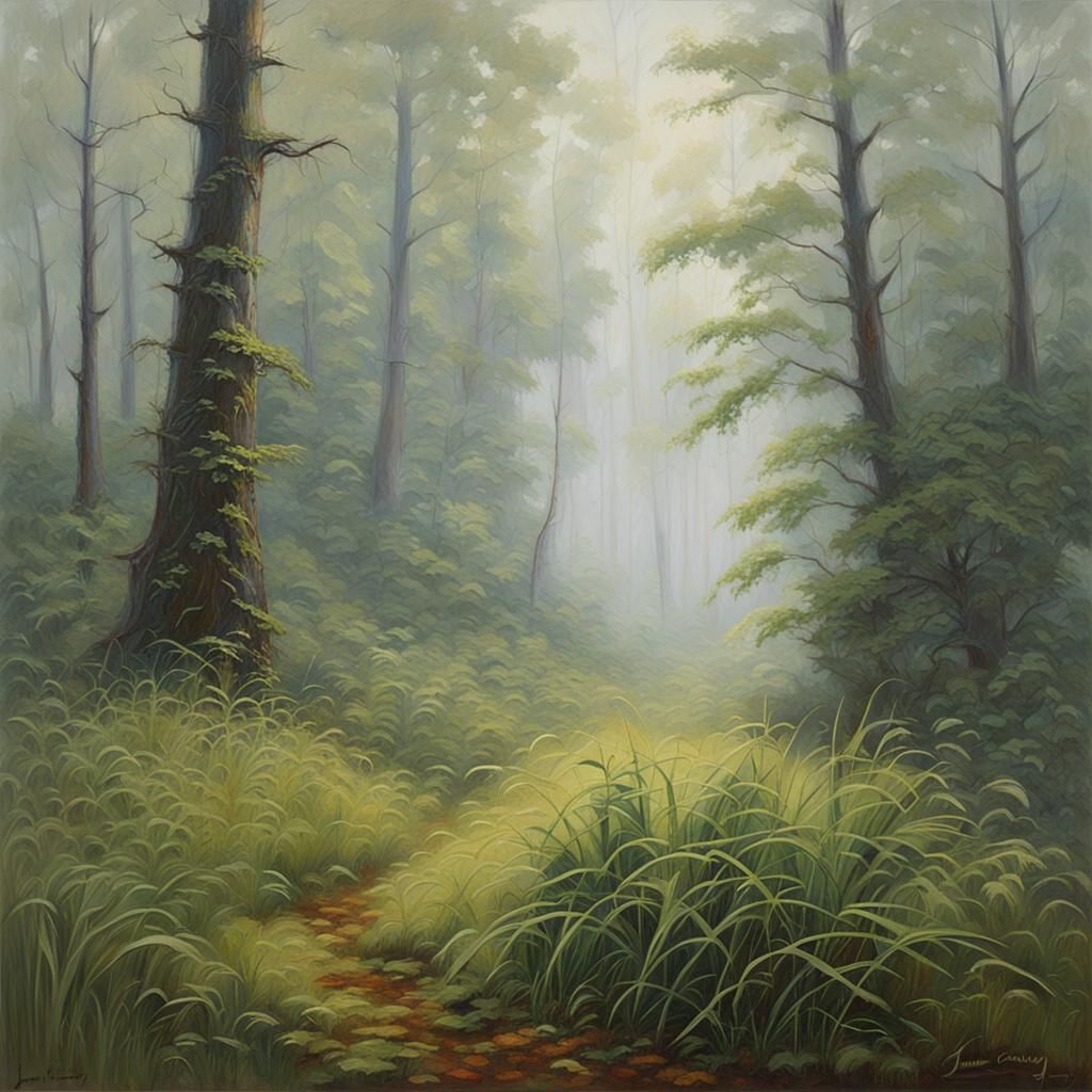 Misty Forest Landscape in Oil Painting Style
