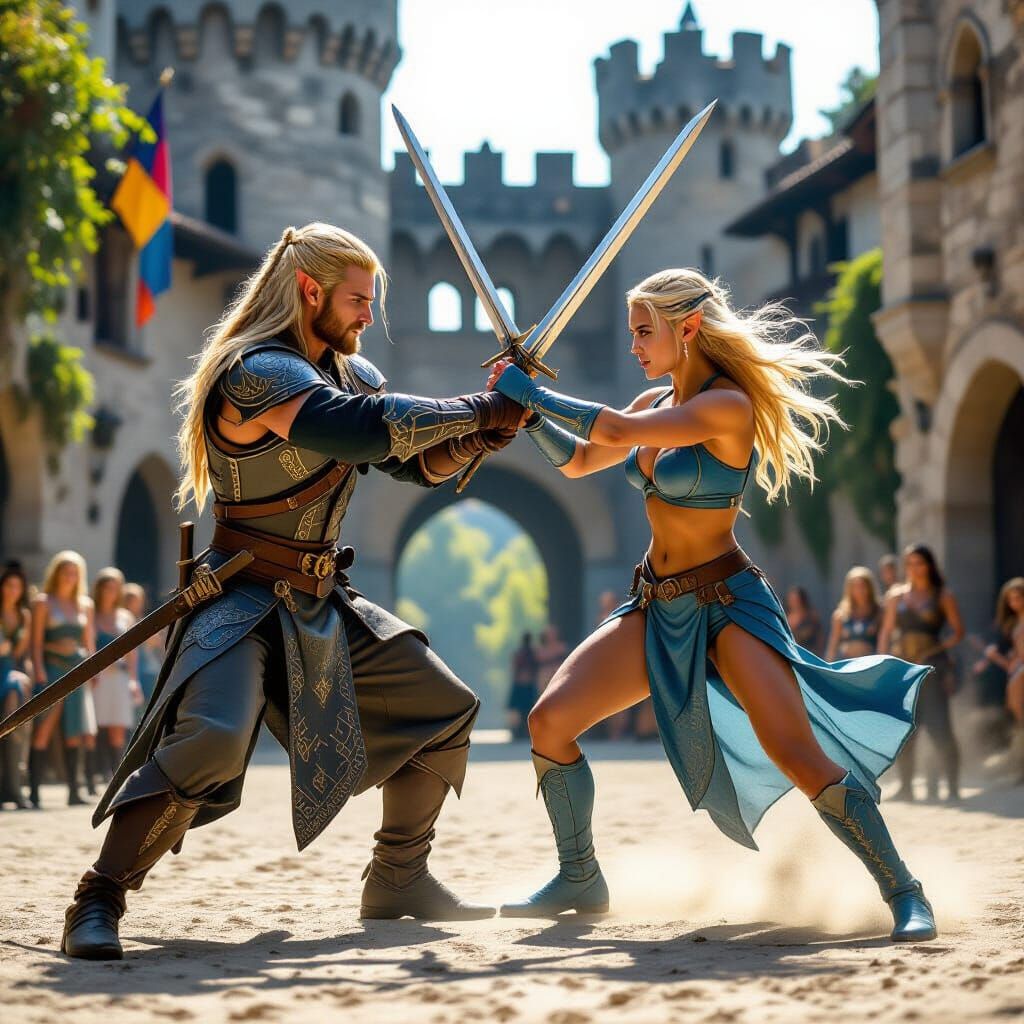 Elven Warriors Sparring in Sunlit Castle Courtyard