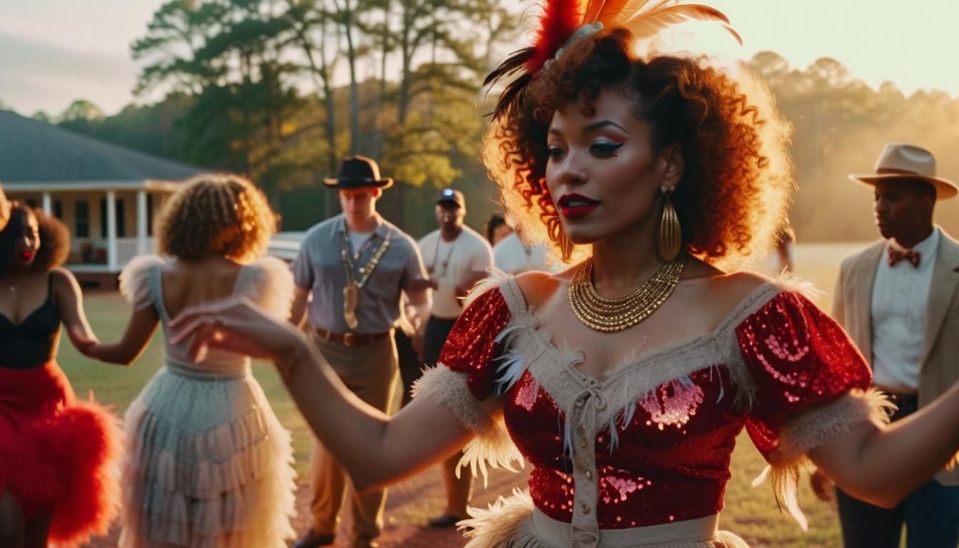 Cinematic Film Still of Woman Dancing in Southern Gothic Sty...