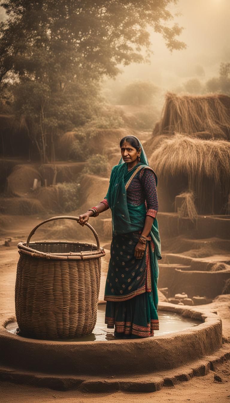Indian Woman at Village Well with Basket