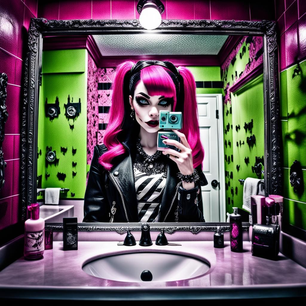 emo monster high draculaura green grunge bathroom mirror selfie with digital camera