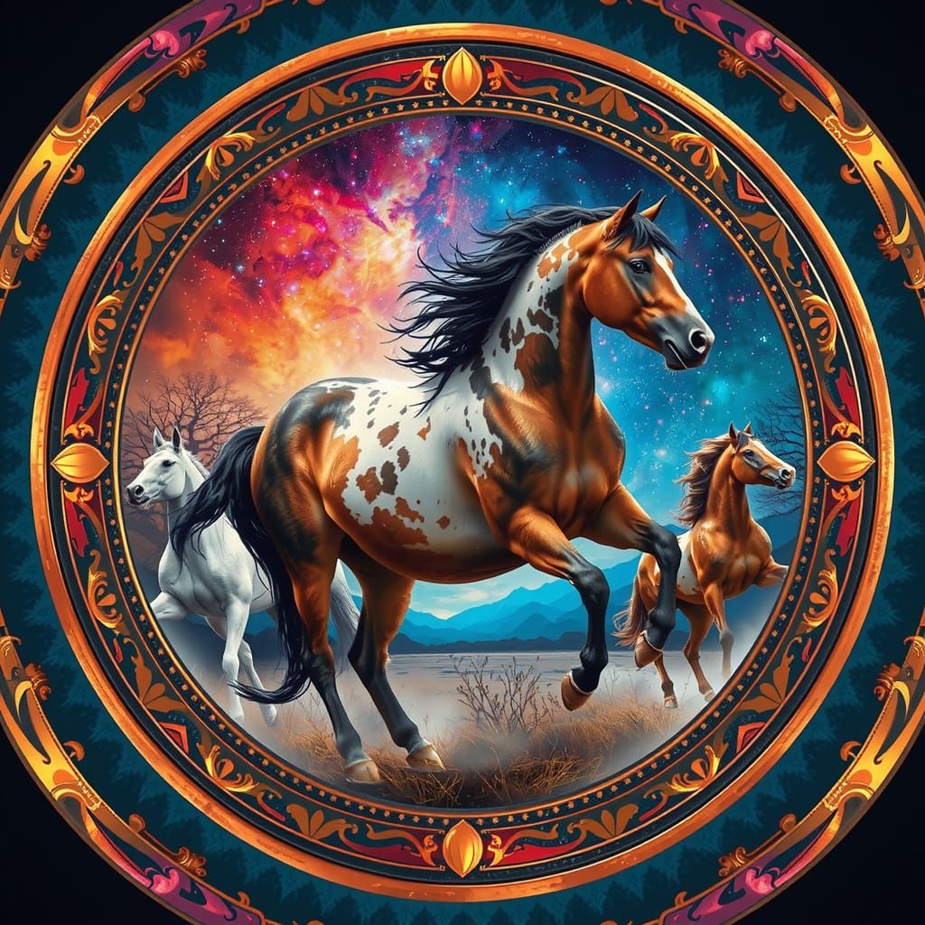 Majestic Wild Horses in Double Exposure, Triadic Colors