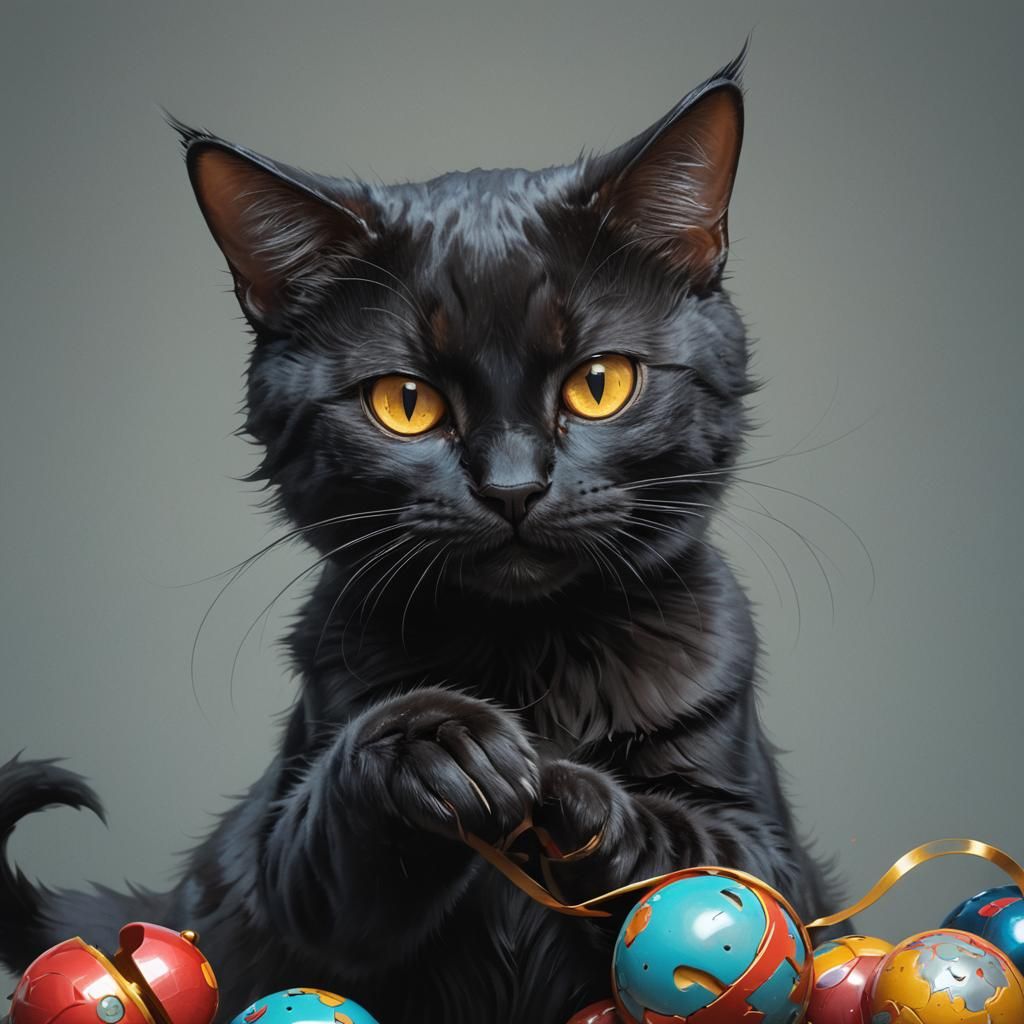 Black Cat Portrait in Hyperdetailed Art Style