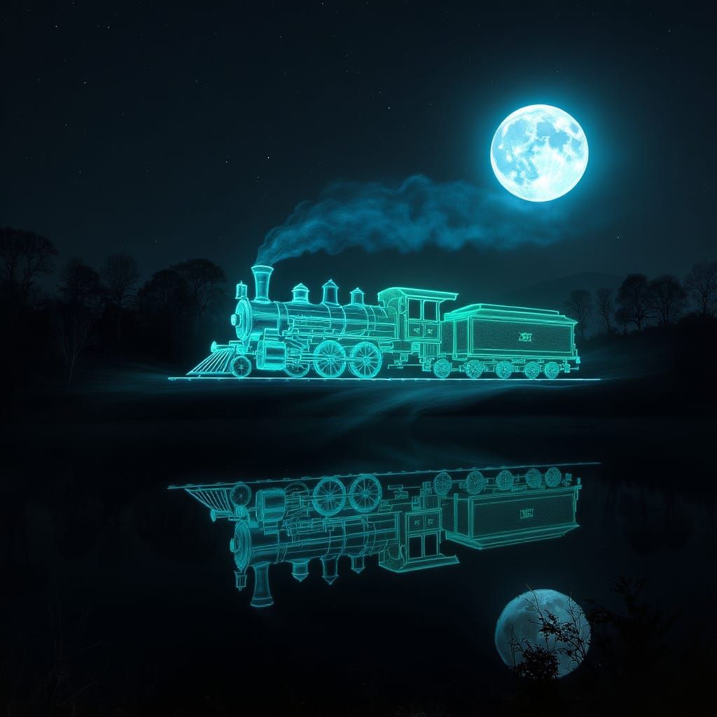Holographic Train Over Moonlit Lake in Double Exposure Style