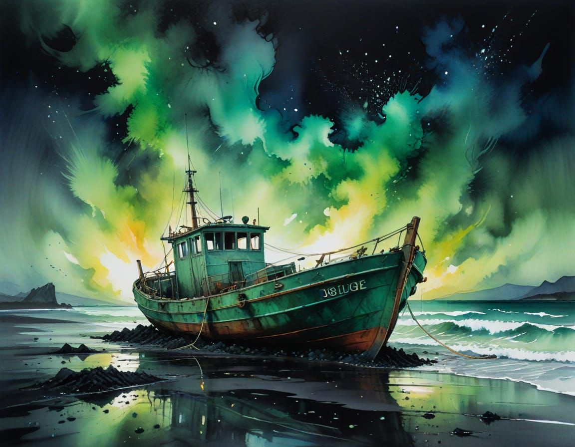 Aurora Borealis Over Derelict Boat: Watercolor Art