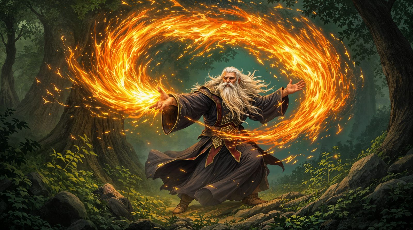 Elder Wizard Casts Blazing Spell in Vibrant Forest