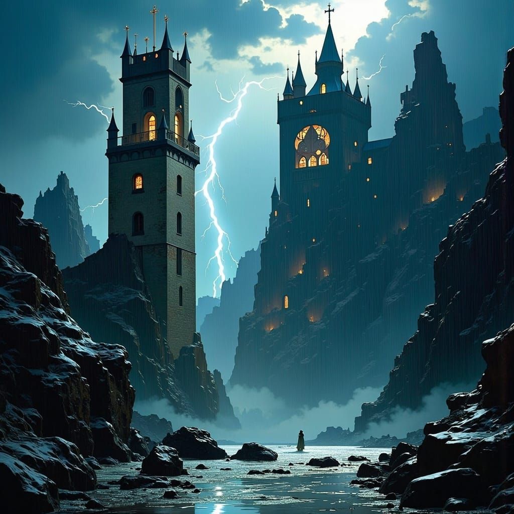 Ethereal Art Nouveau Towers Crumbling Amidst Turbulent Storm