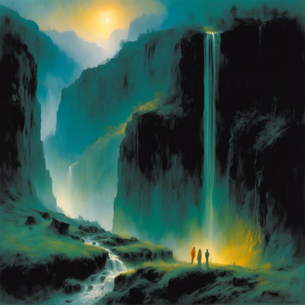 Ethereal Waterfall in Foggy Valley: Dark Fantasy Art