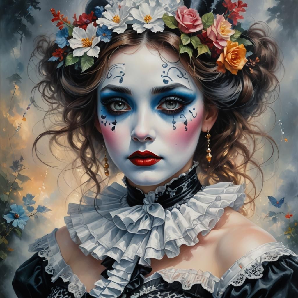 Sad Mime Girl in Detailed Oil Painting