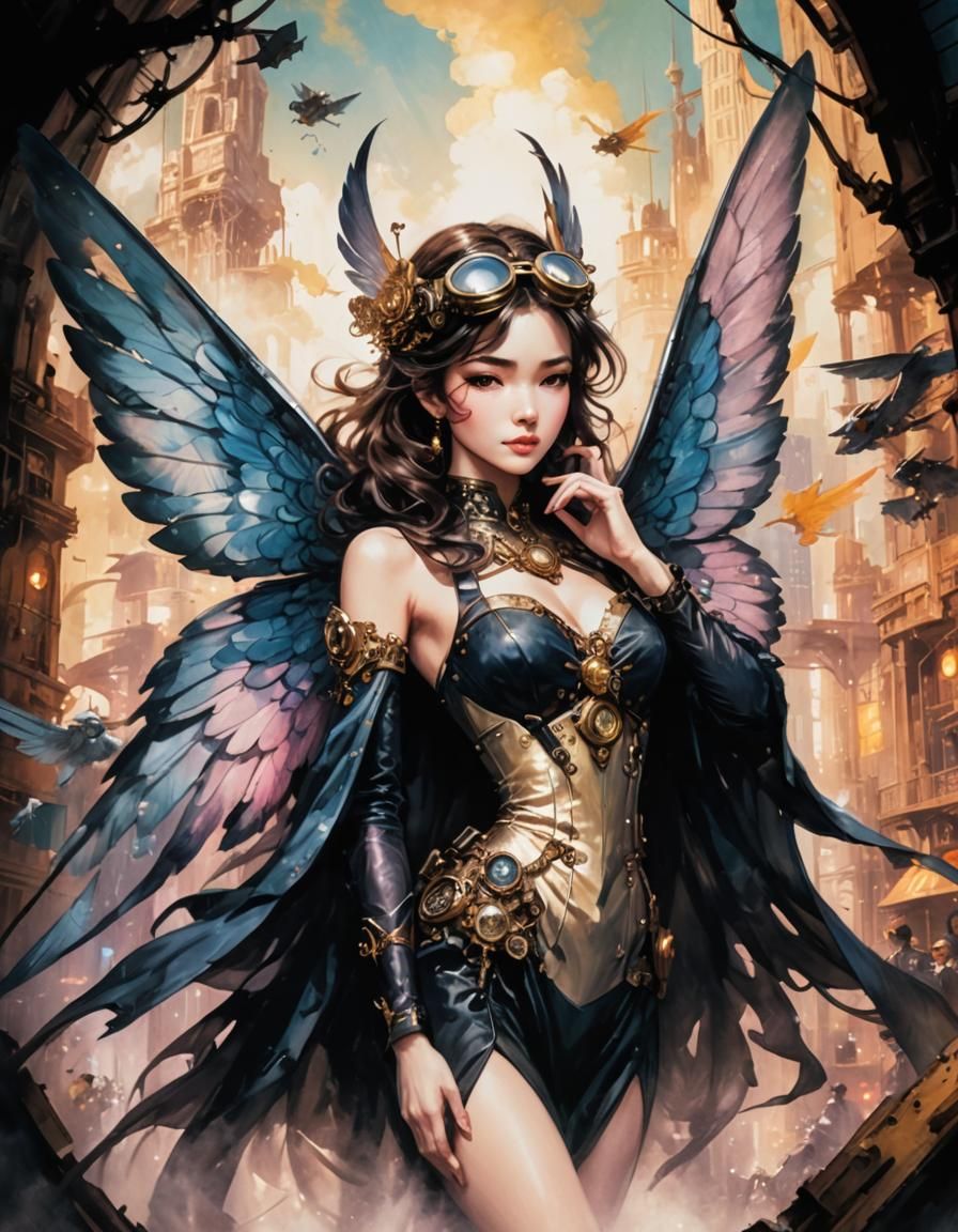 Steampunk Lady Flies Over Metropolis