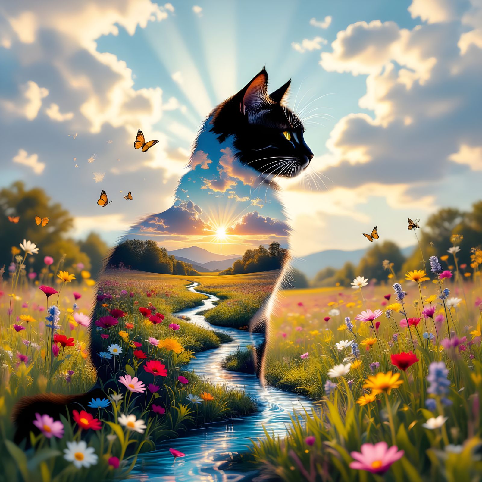 Surreal Cat Silhouette Filled With Spring Meadow Imagery