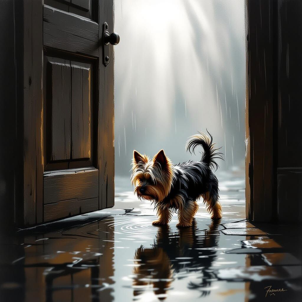 Yorkshire Terrier in Doorway, Rembrandt-Style Digital Painti...