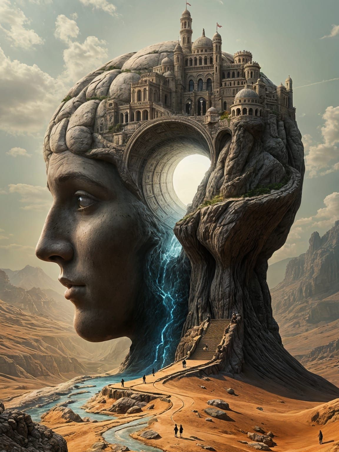 Surreal Desert Head in Majestic, Gothic Cityscape