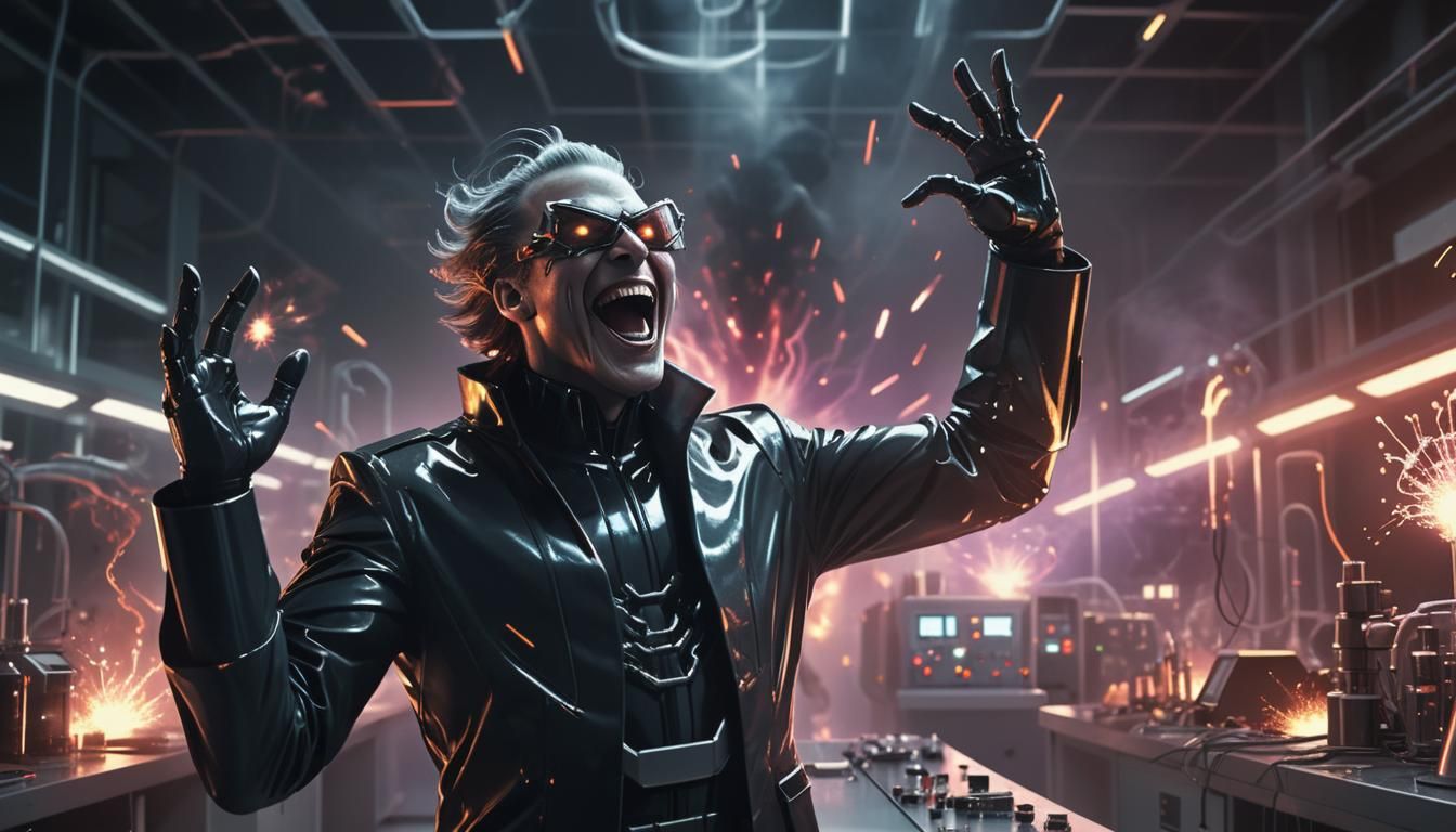 Sci-Fi Villain Laughing in Exploding Laboratory