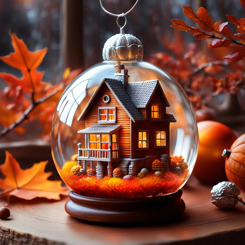 Autumnal Miniature Scene in Glass Acorn Ornament