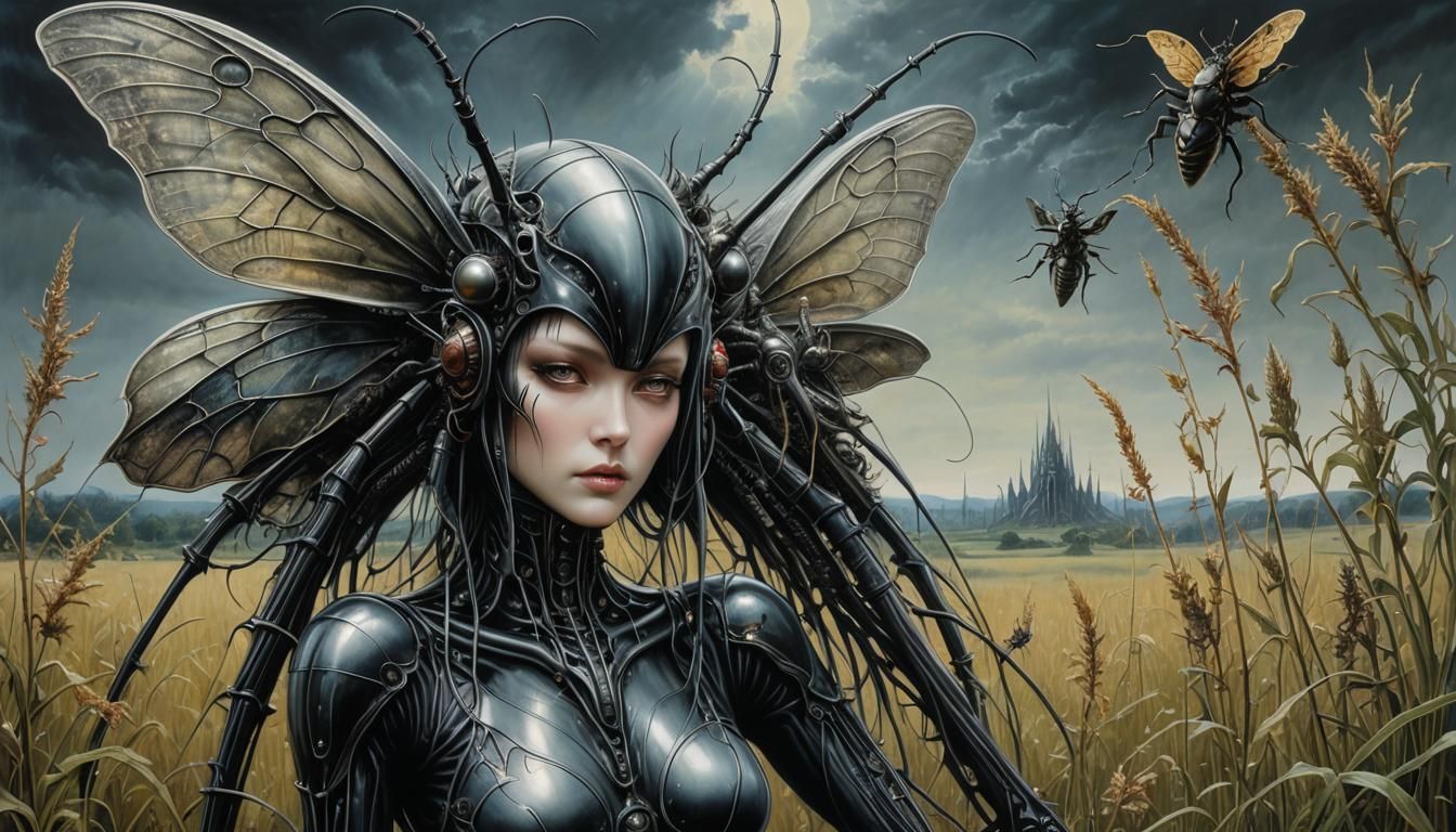 Surreal Insect Woman in Dry Pastel Meadow