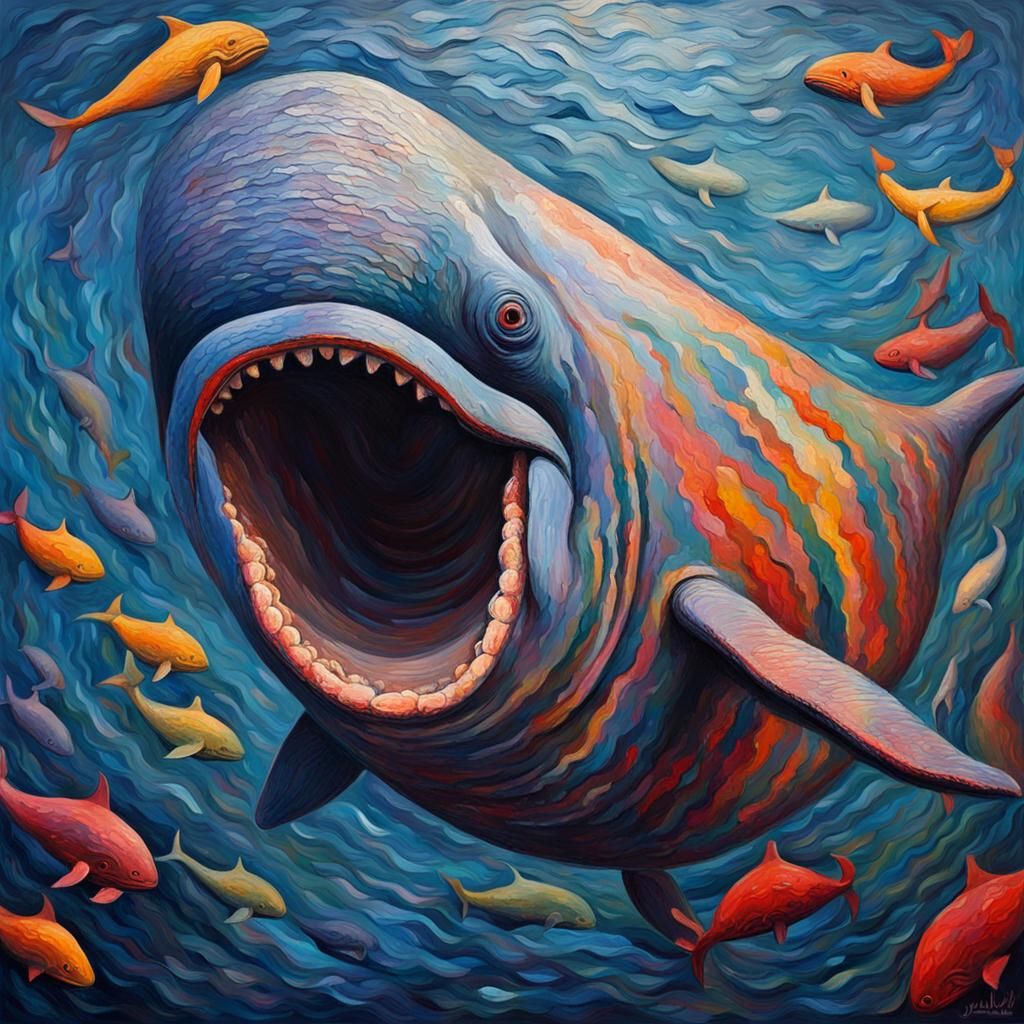 Jonah and the Whale: Neo-Impressionist Oil Painting