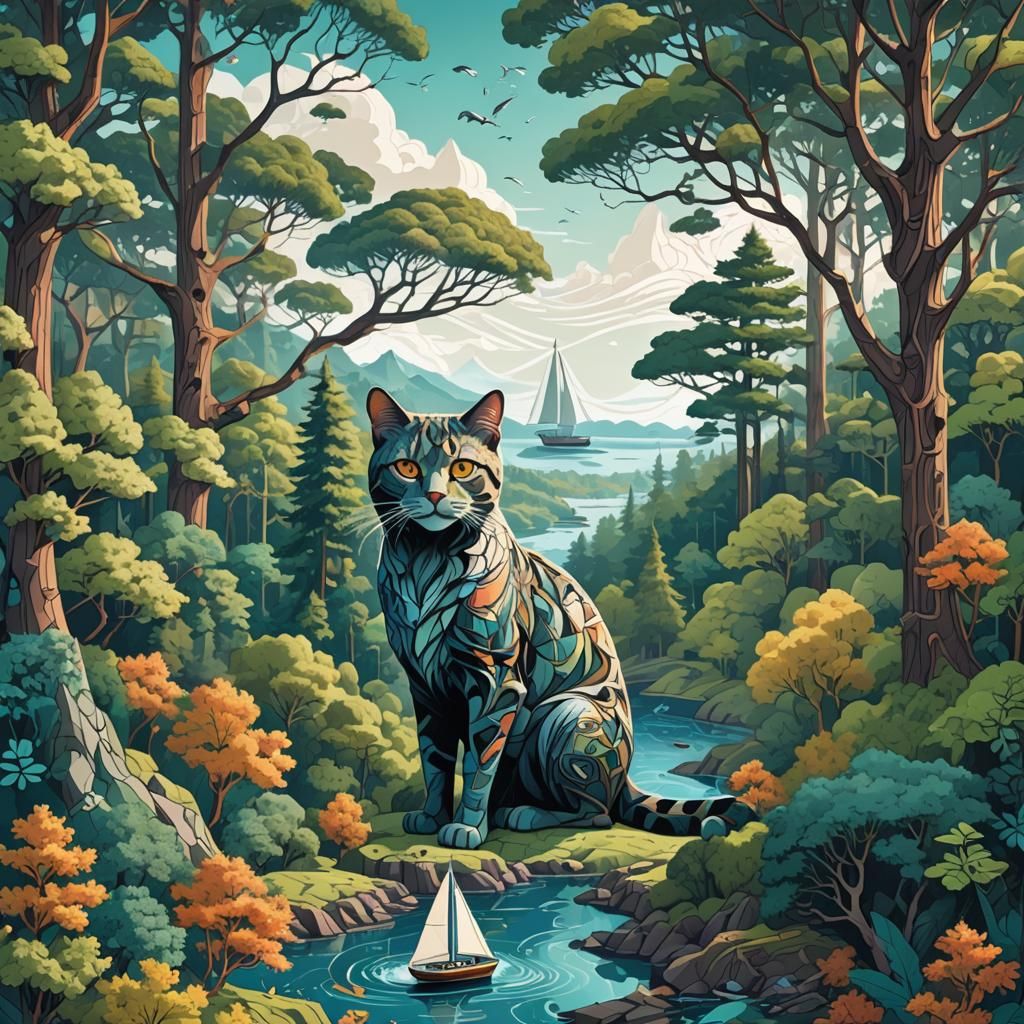 Dreamlike Landscape with Feline Visage in Fractal Vector Art