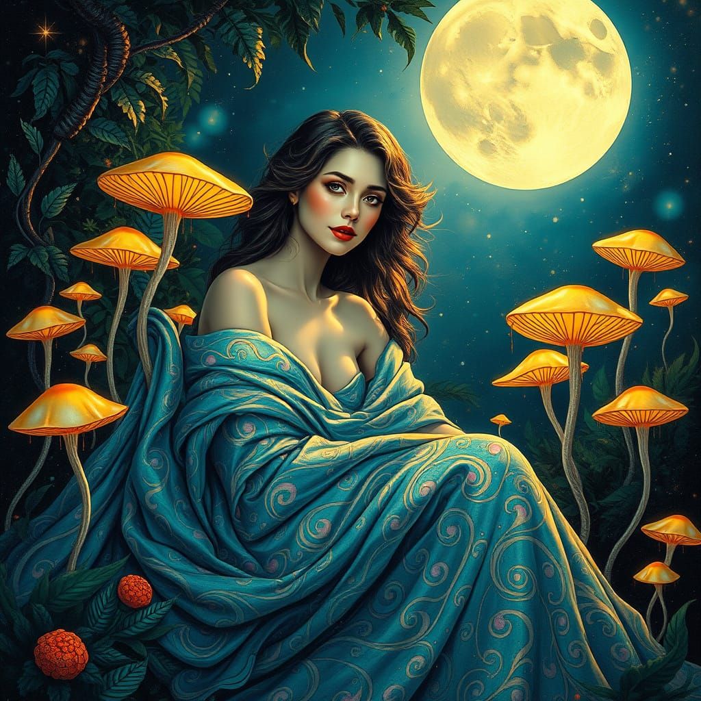 Ethereal Goddess in Whimsical, Splattered Moonlit Garden