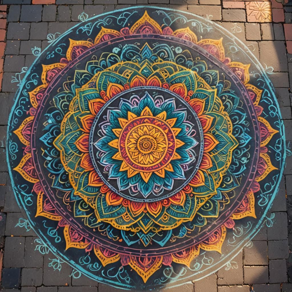 Beautiful colourful intricate mandala pattern drawn in chalks on a pavement Hyperrealistic, concept art, full shot, intr...