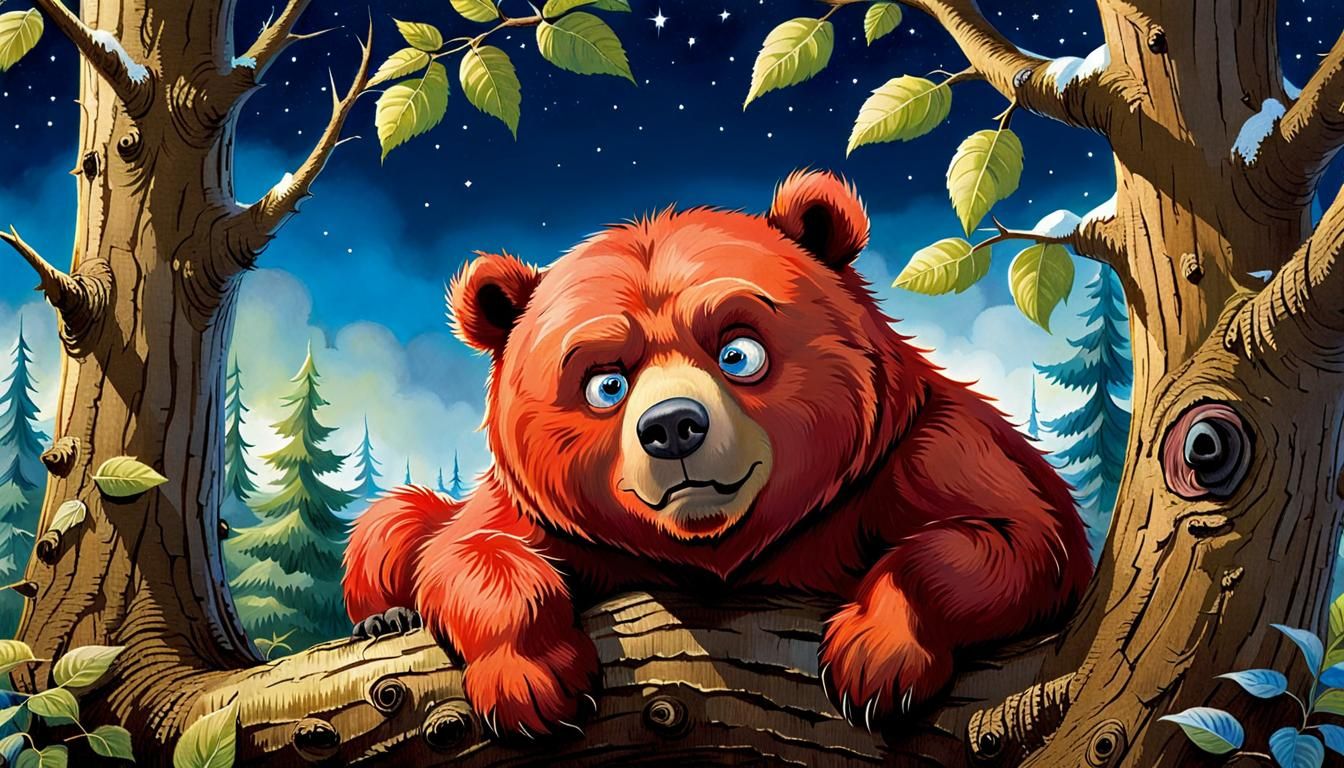 Storybook Bear Wakes in a Frown, Big Red Unhappy in the Tree...