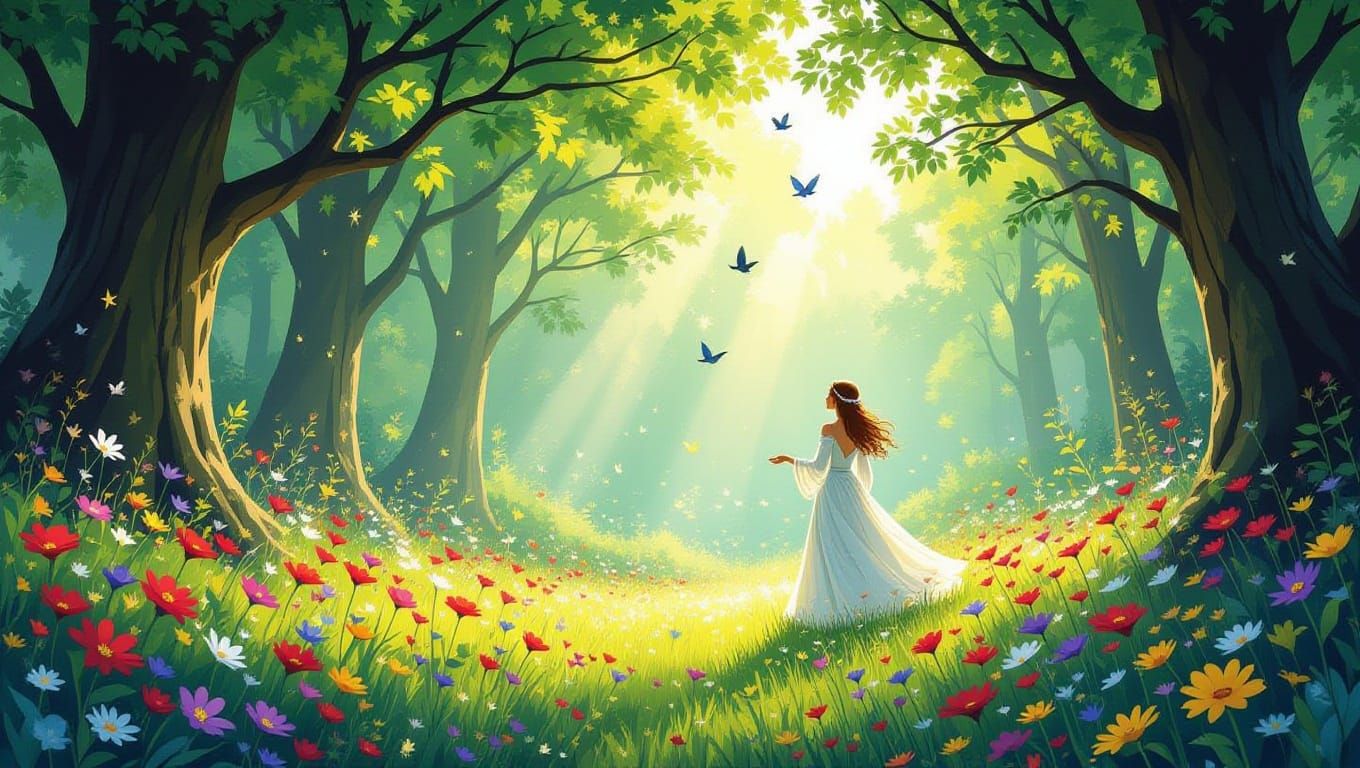 Enchanted Forest Clearing with Performer, Painterly Style