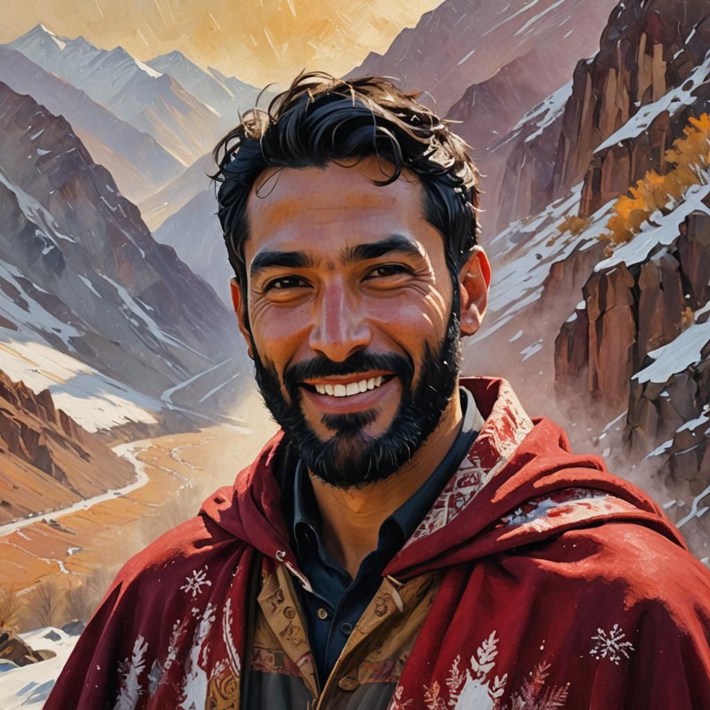 Neo-Impressionist Man in Snowy Mountains, Impasto Oil Painti...