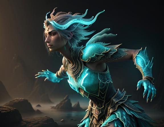 Female Amphibioid in Misty Landscape, 3D Game Art