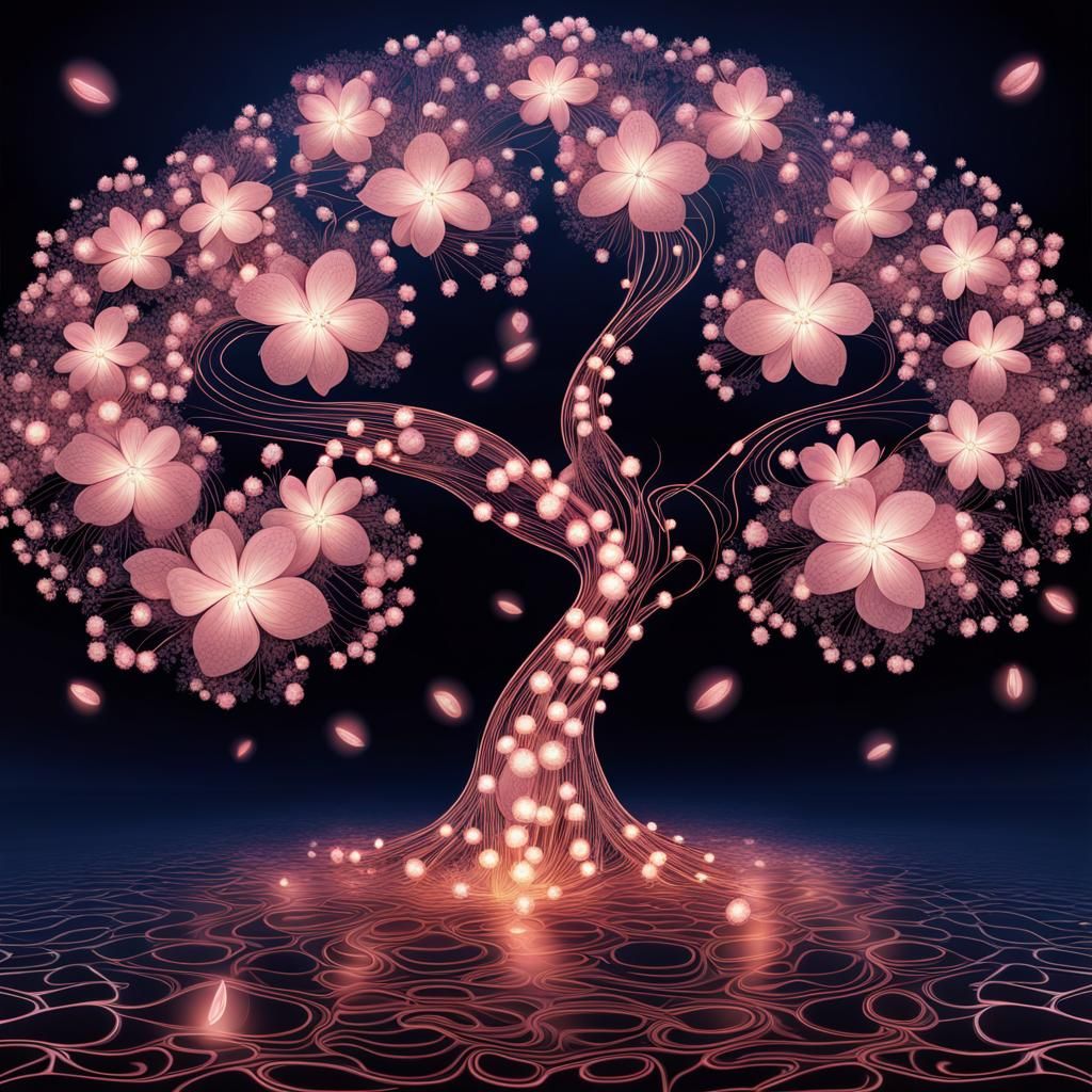 Glowing Cherry Blossom Tree at Night