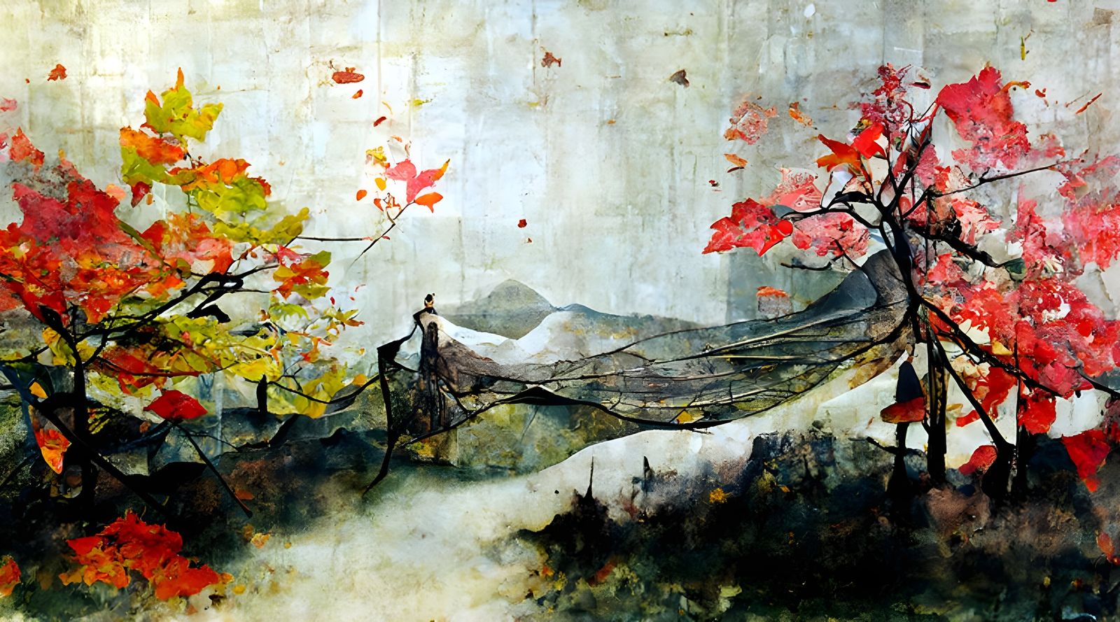 Autumn Forest Vista in Mixed Media Collage Style