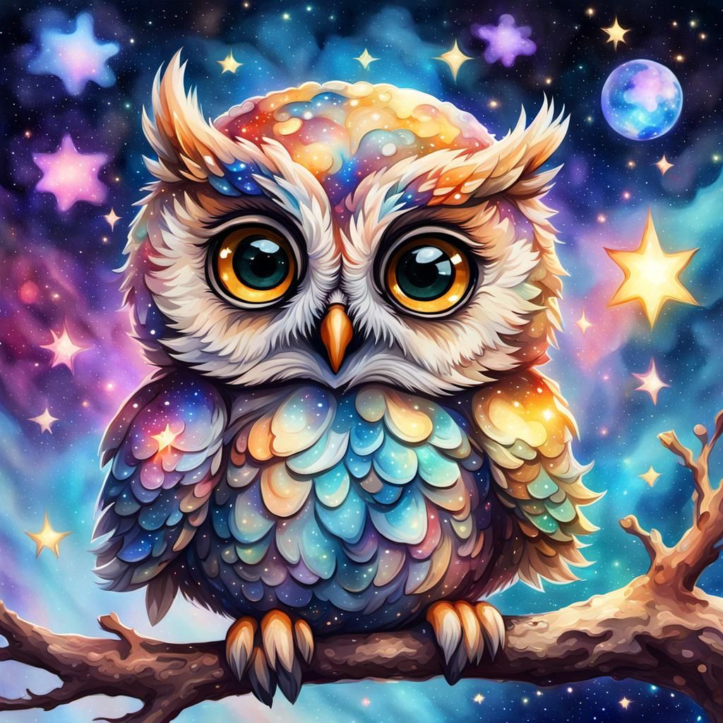 Adorable Chibi Owl in Galactic Nebula Watercolor