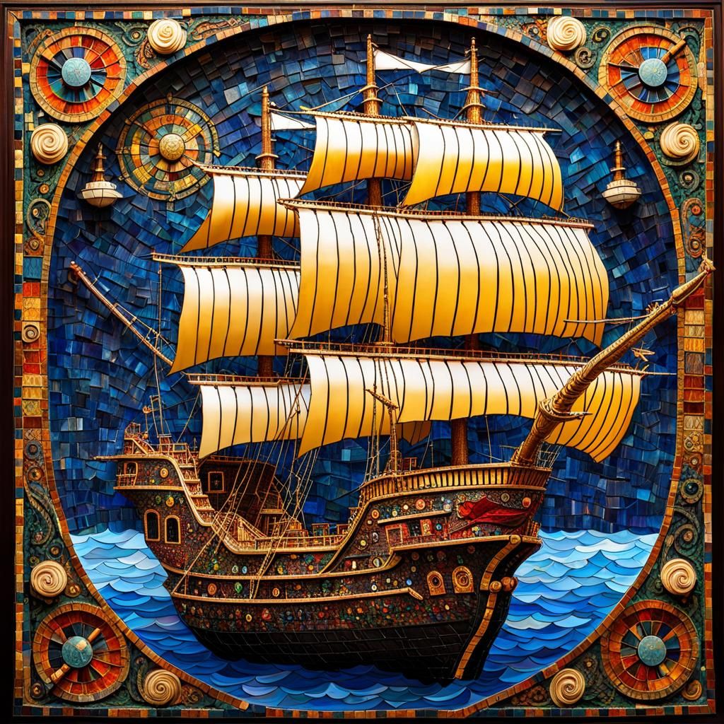 Ornate Pirate Ship Ceramic Mosaic Inspired by Gaudí
