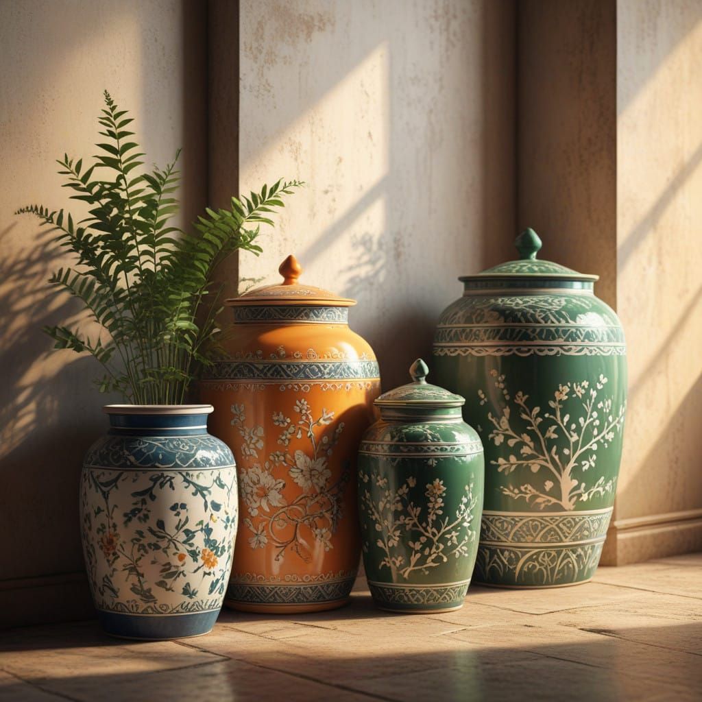 Elegant Vintage Ceramic Jars on Tiled Floor
