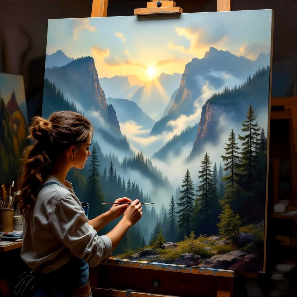 Artist Paints Misty Mountain Forest Scene in Oil