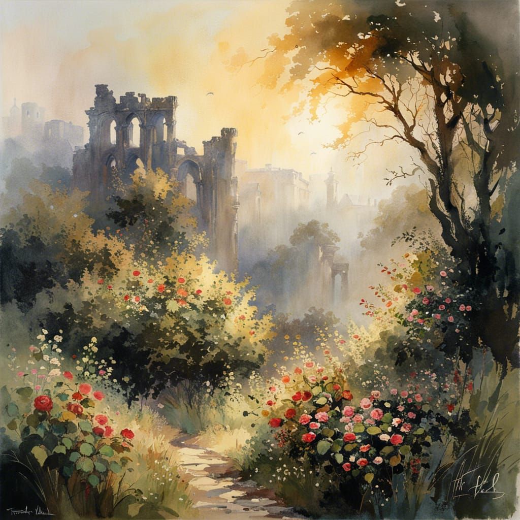 Sunlit Roses in Misty Ruins Watercolor Painting
