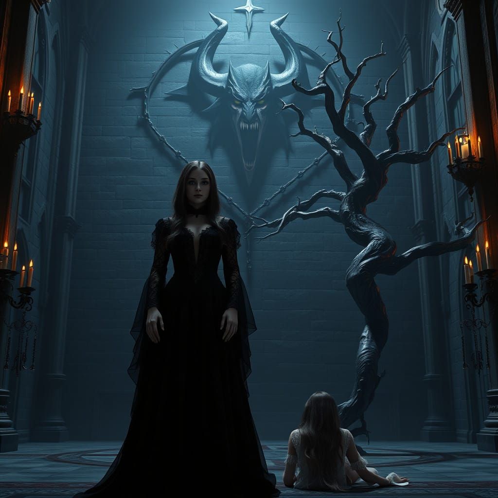 Gothic Women Confront Dark Forces in a Haunting Church Scene
